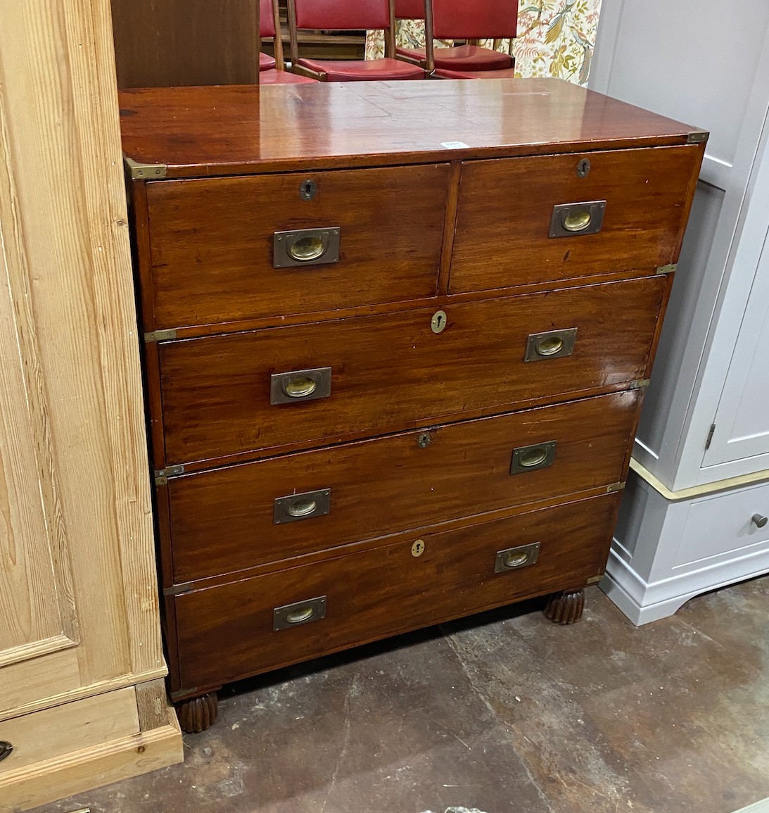 A Victorian brass bound teak campaign chest, with maker's stamp of B. Taylor & Sons, Great Dover Street, London, width 107cm height 123cm